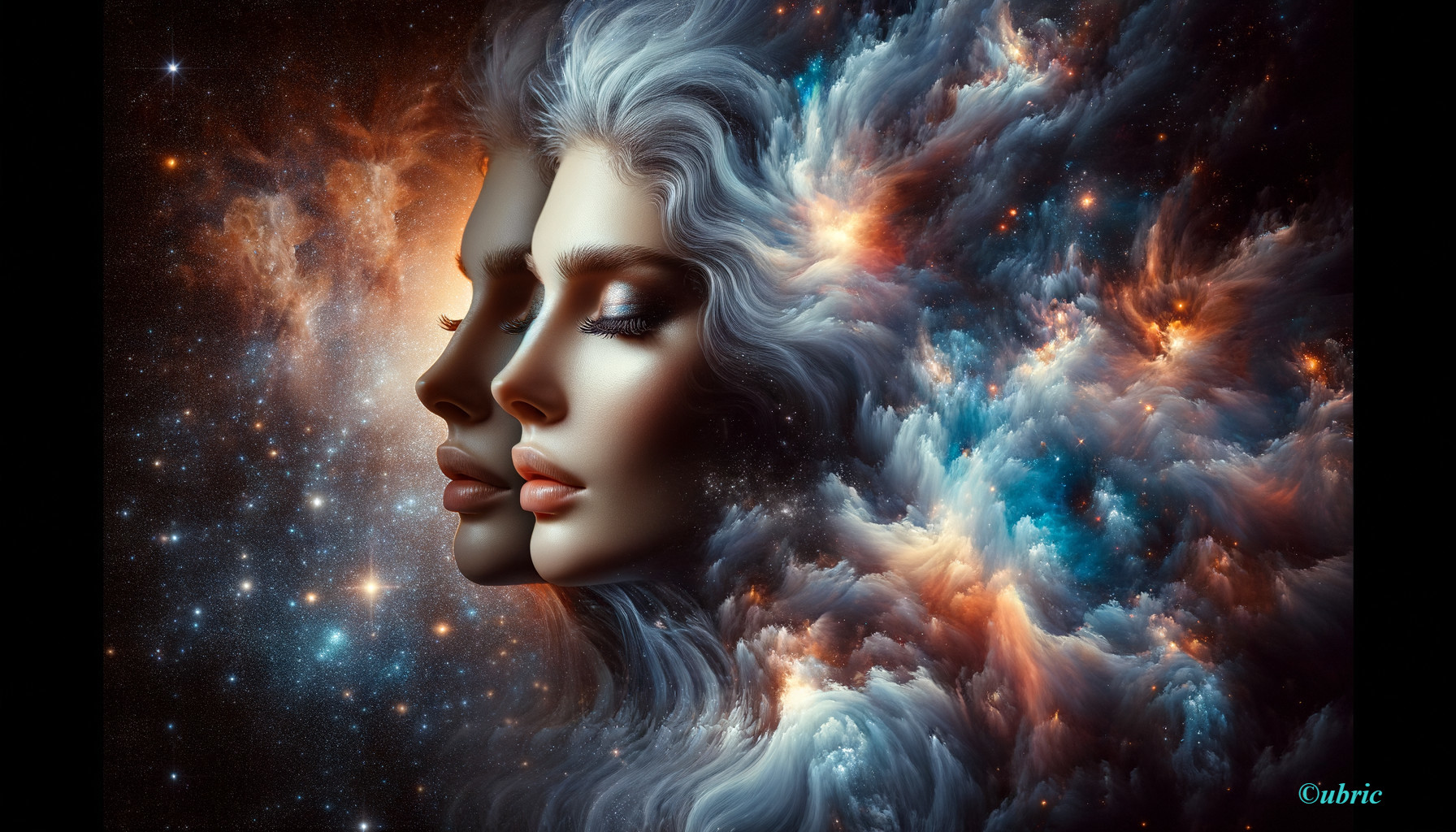 Ethereal Female Faces in Cosmic Background Art