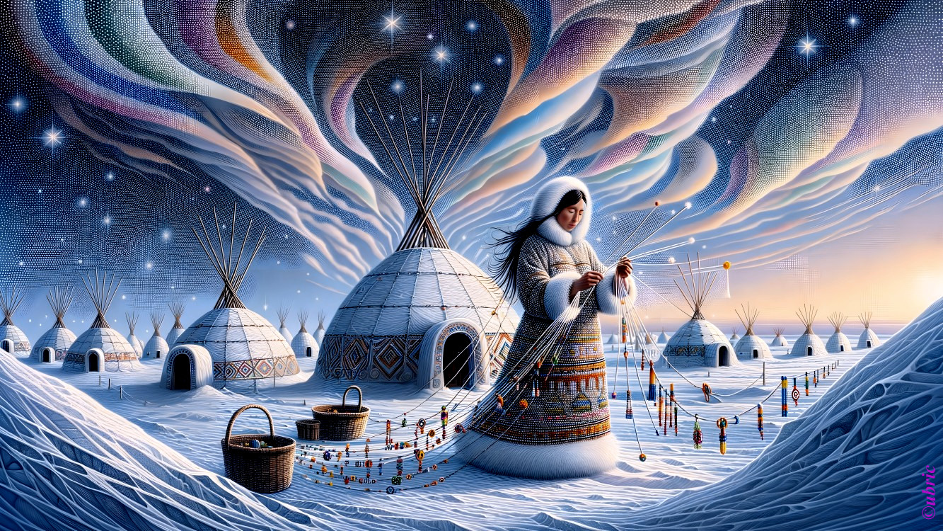 Vibrant Icy Landscape with Traditional Weaving and Auroras
