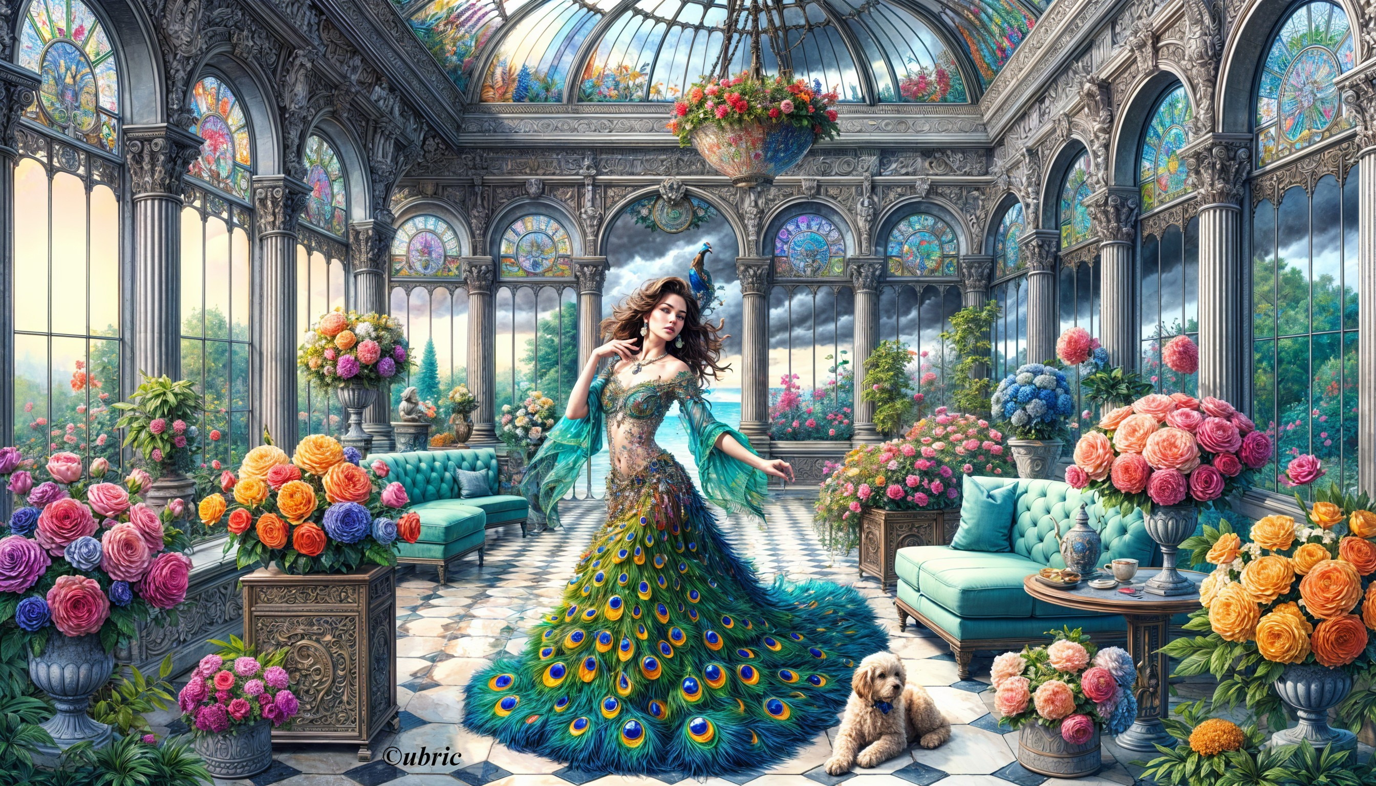 Ornate Conservatory with Colorful Roses and Gown