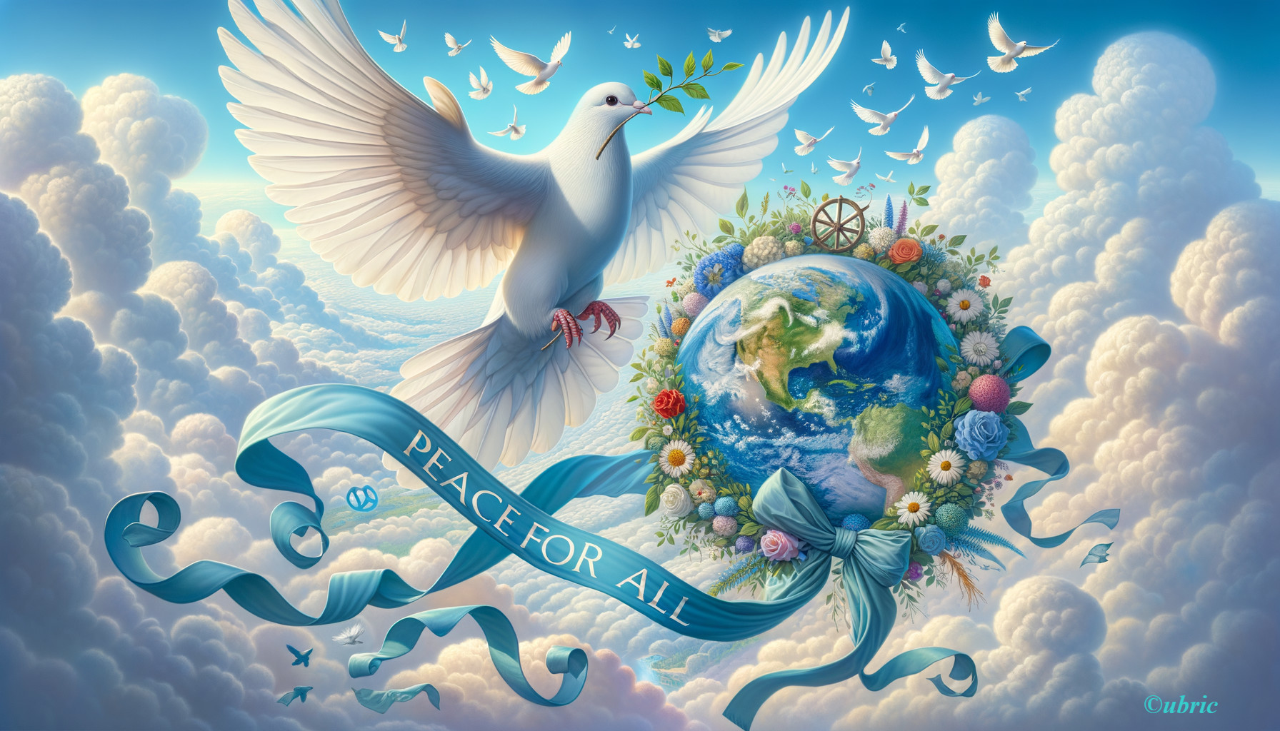 White Dove with Olive Branch Above Colorful Earth