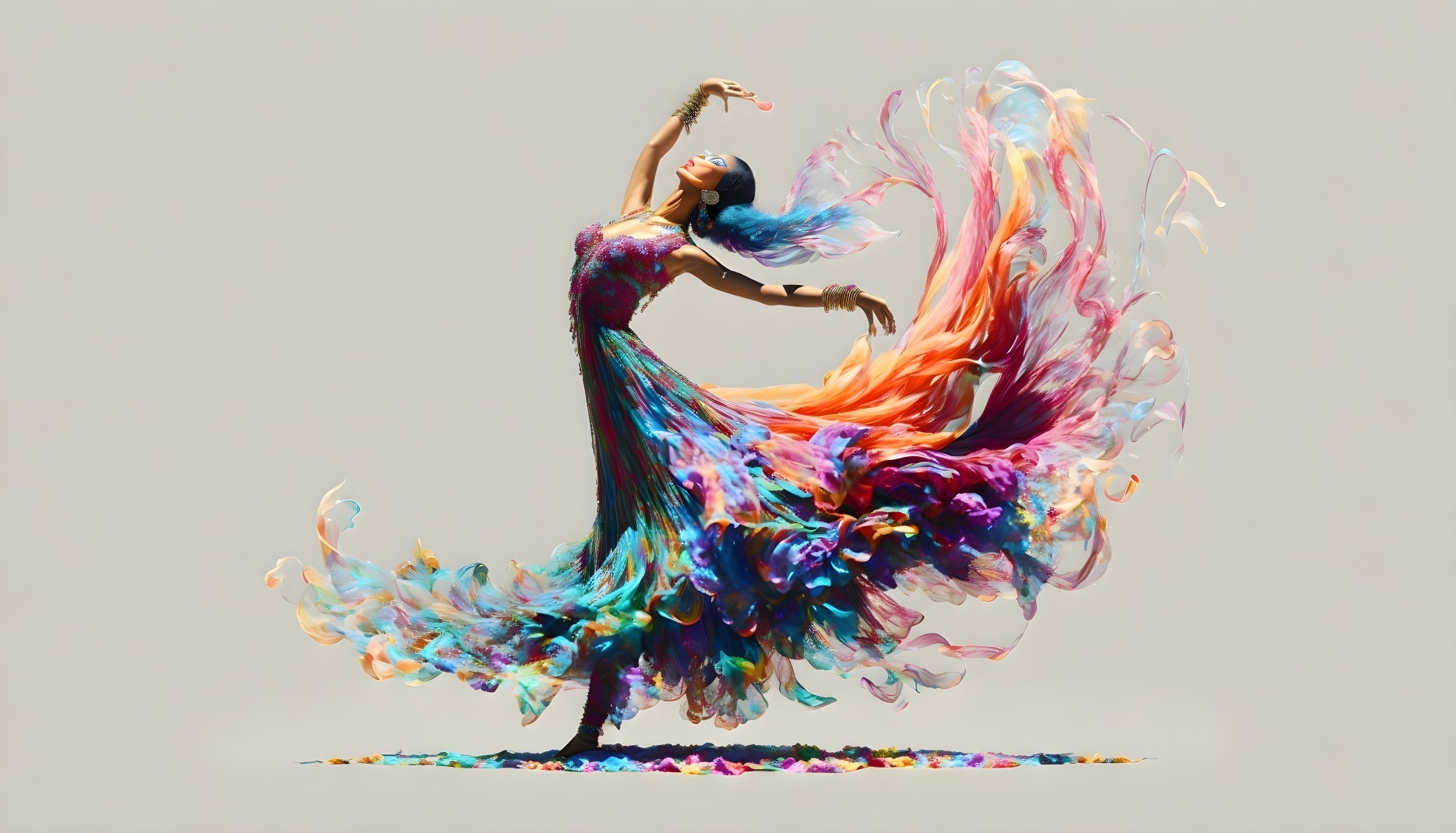 Colorful flowing dress dancer against neutral backdrop