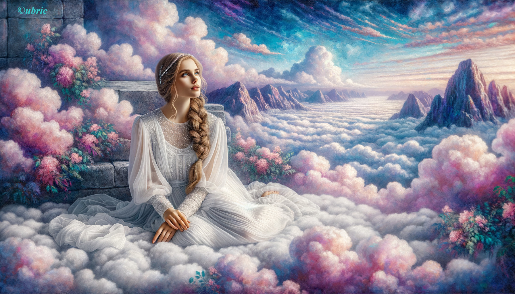 Woman in White Dress on Cloud-Strewn Staircase at Sunset