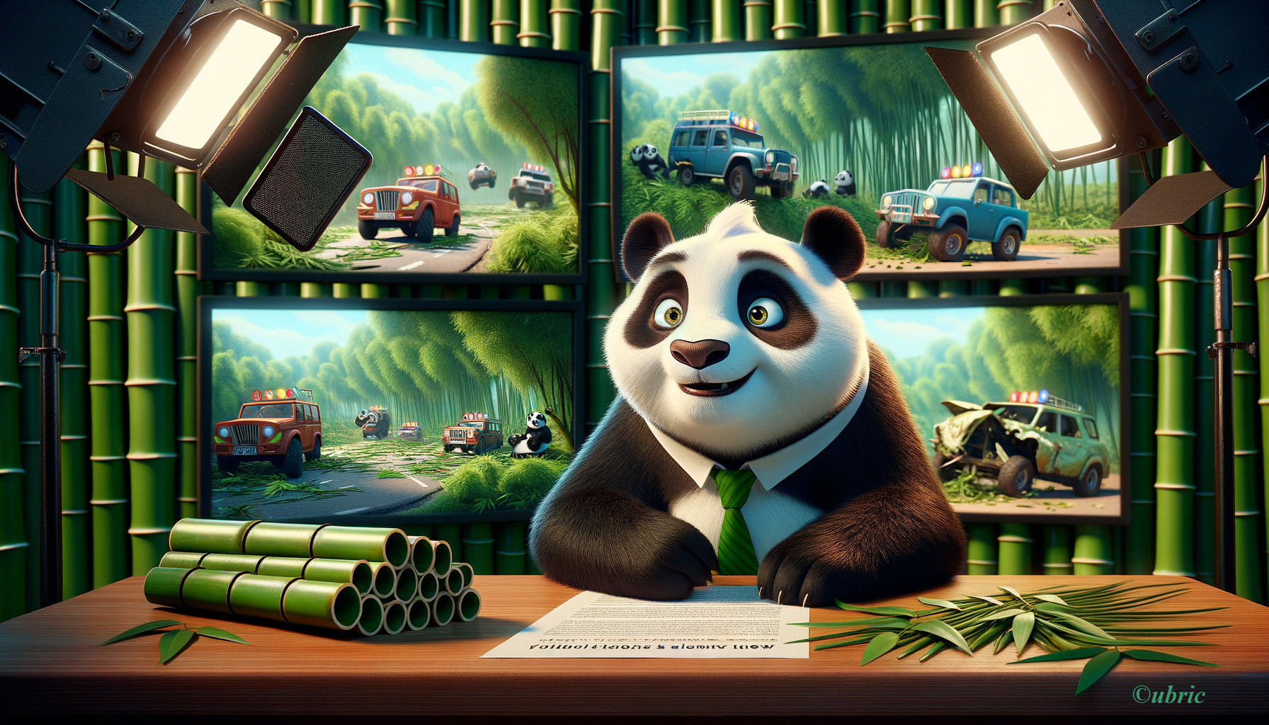 Panda News Anchor in Bamboo Setting with Monitors
