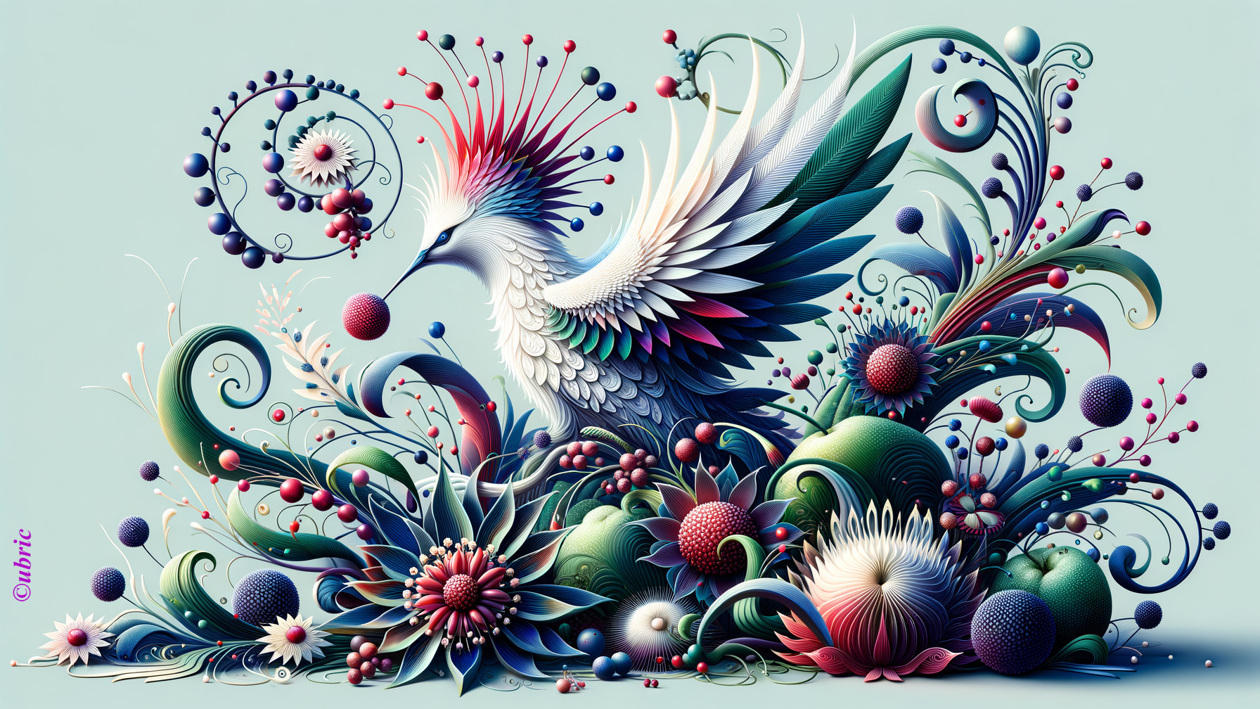 Vivid Fantastical Bird with Floral Patterns and Orbs