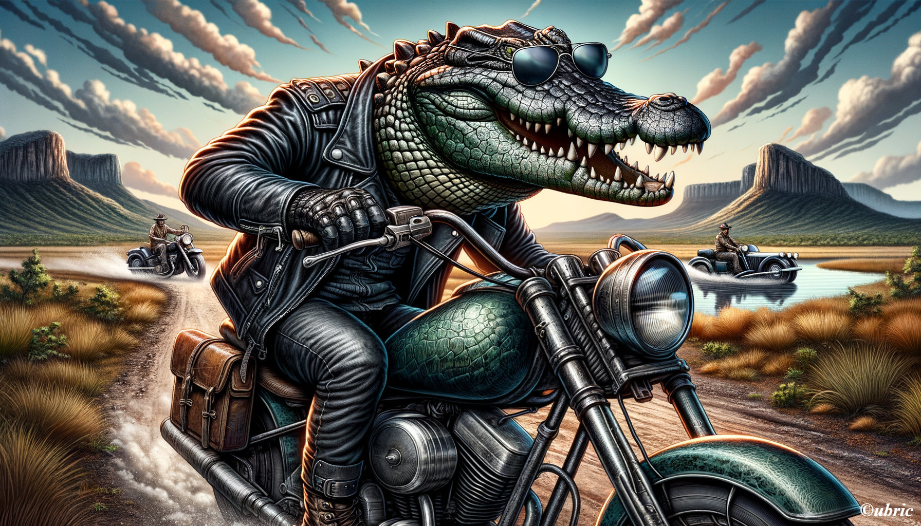 Crocodile in Sunglasses on Motorcycle in Scenic Landscape