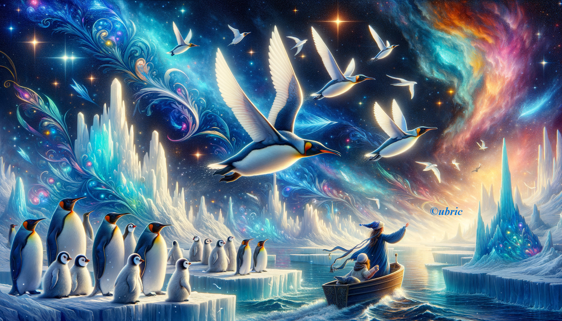 Serene Ice Landscape with Cosmic Colors and Wildlife
