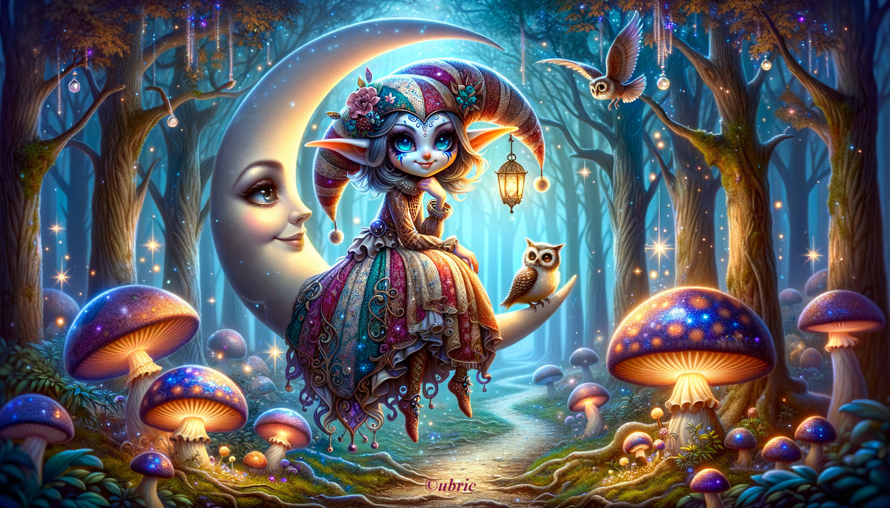 Whimsical Fairy on Crescent Moon in Mystical Forest