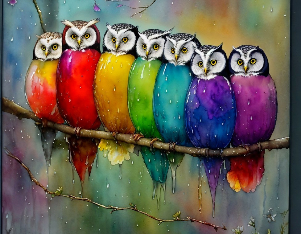 Colorful Owls on a Branch with Dripping Paint