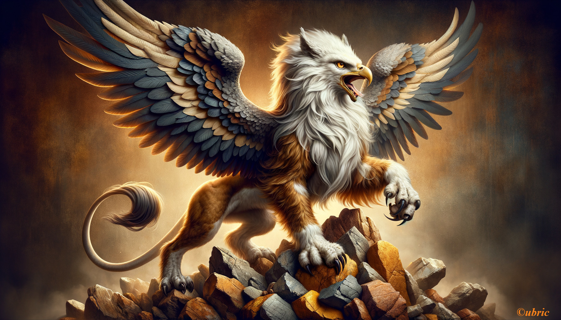 Griffin on Rocky Formation with Intricate Plumage