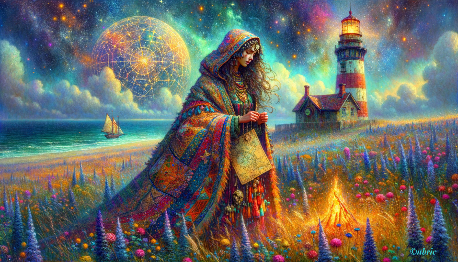 Mystical Landscape with Woman, Flowers, and Sea