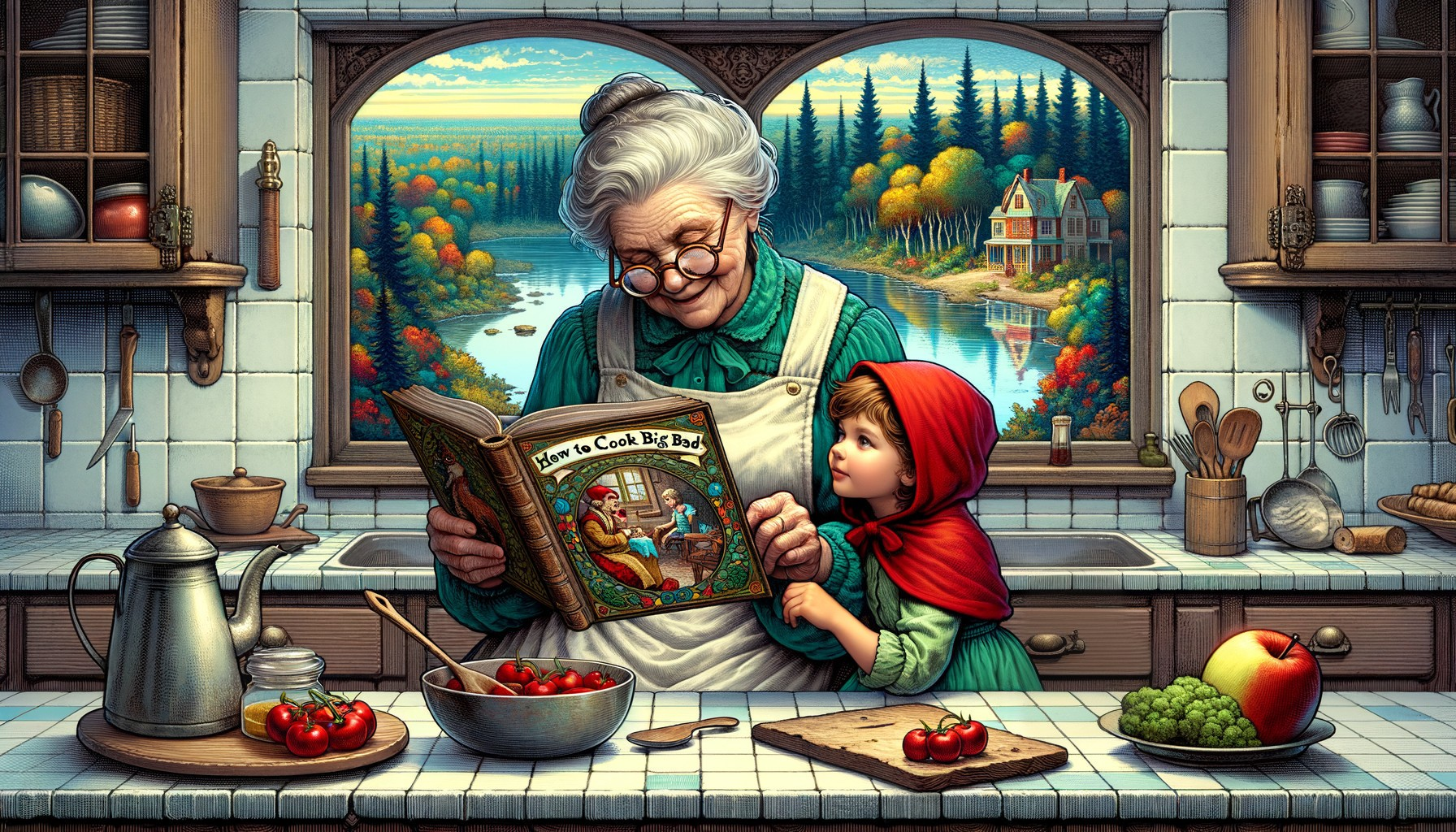Elderly Woman Reads Cookbook to Child in Cozy Kitchen