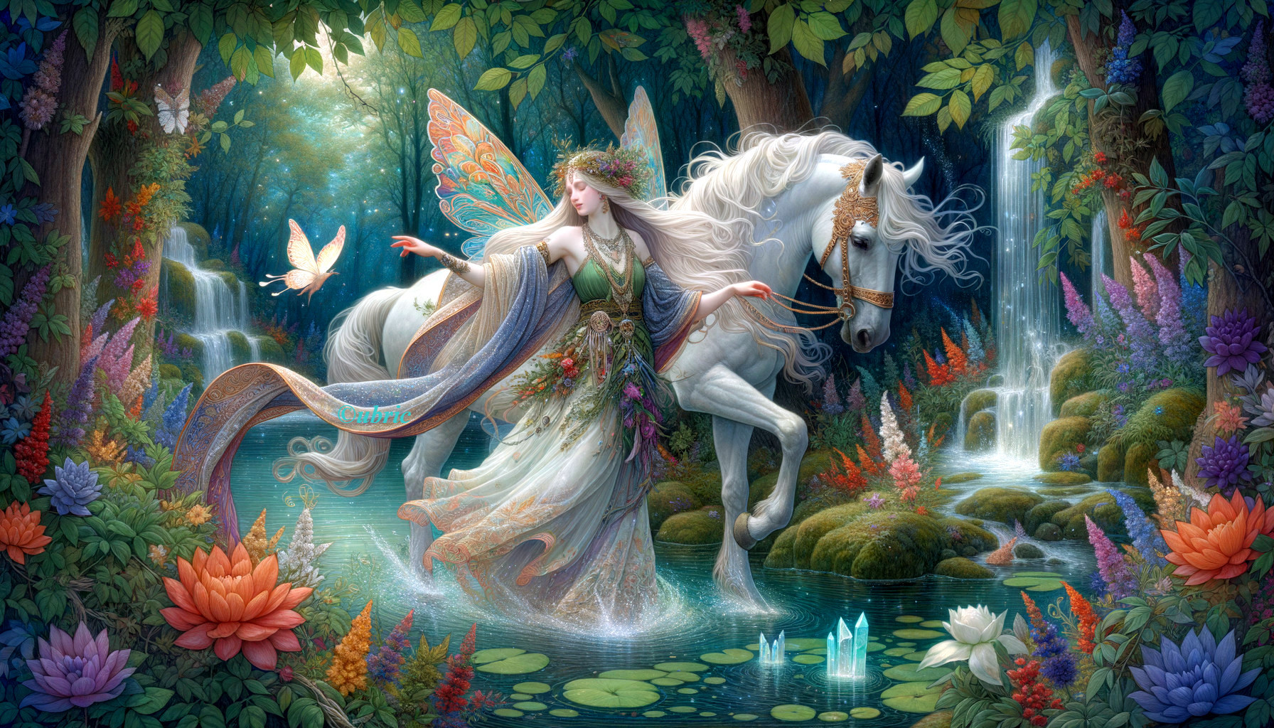 Fairy and White Horse in a Magical Forest Scene