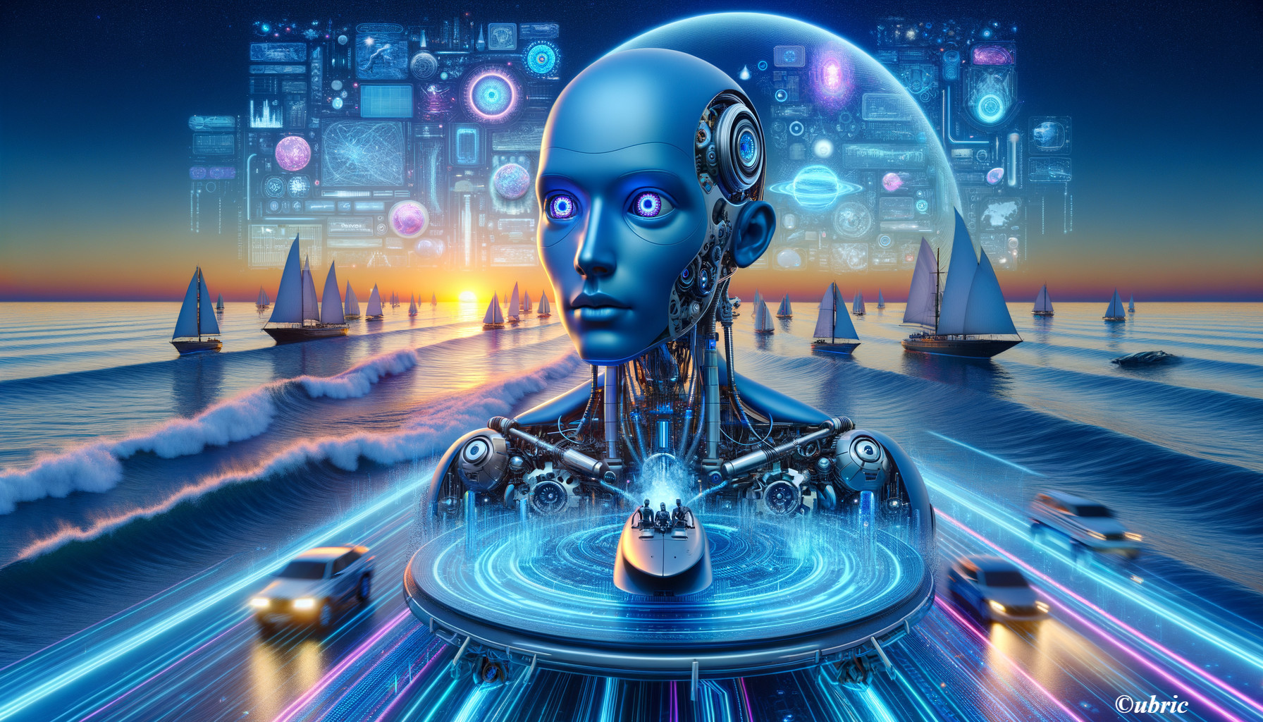 Futuristic robotic head overlooking ocean at sunset