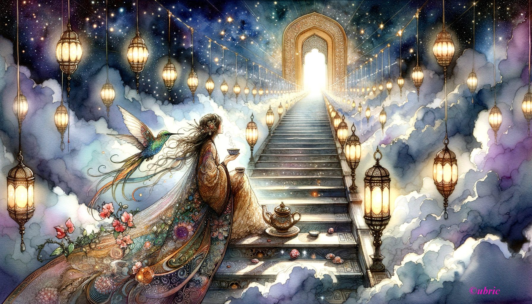 Mystical Woman on Staircase in Enchanting Scene