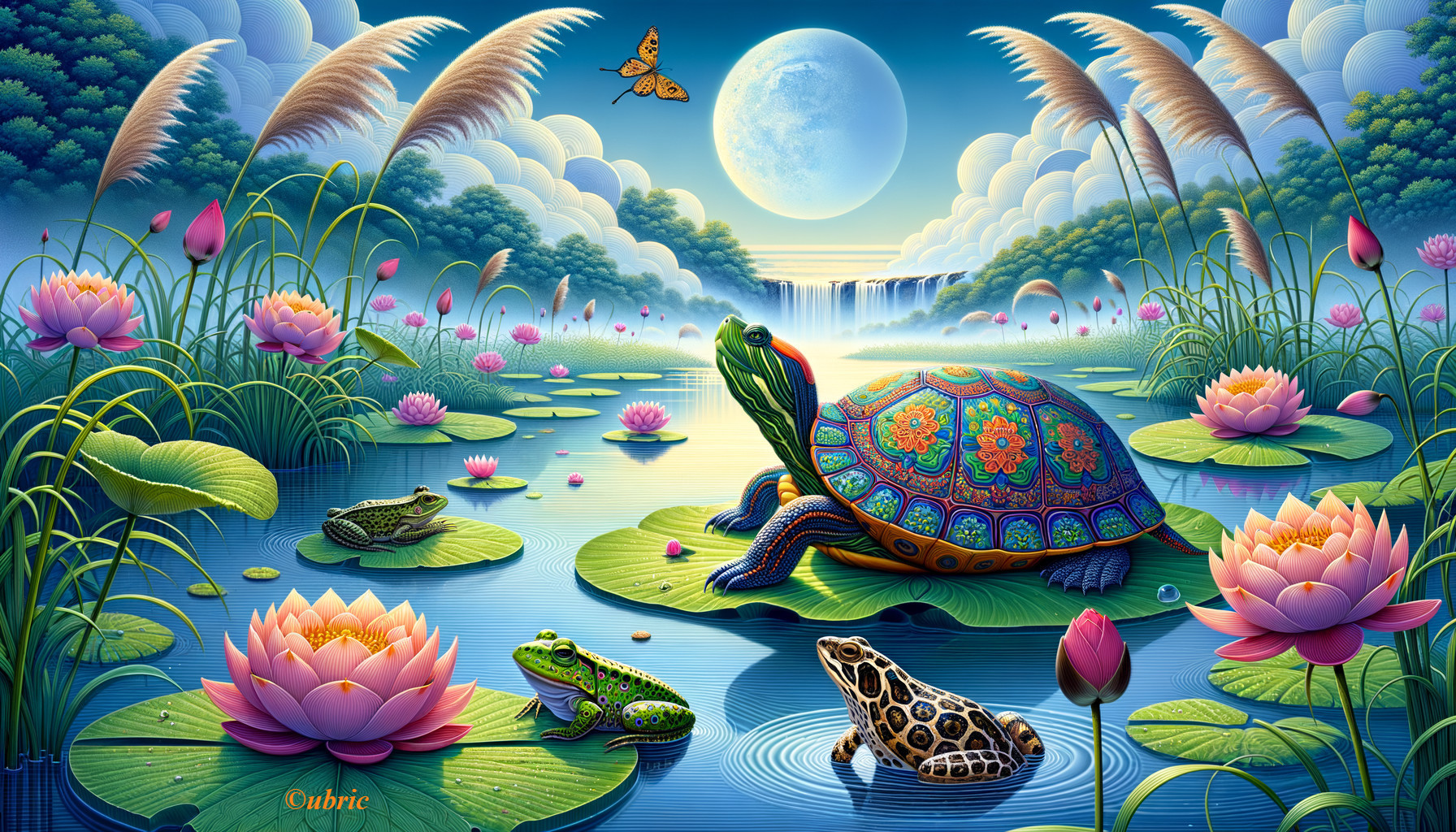 Tranquil River Landscape with Turtles and Frogs