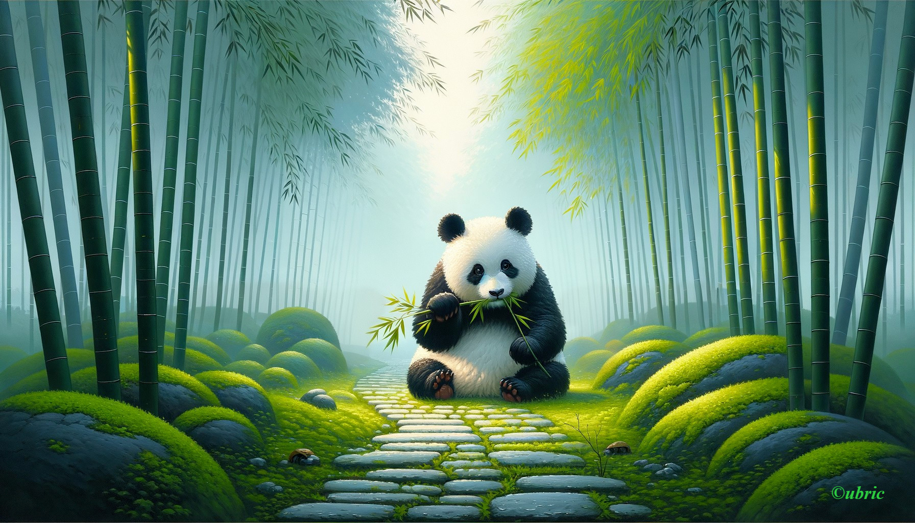 Panda in a serene bamboo forest with lush surroundings