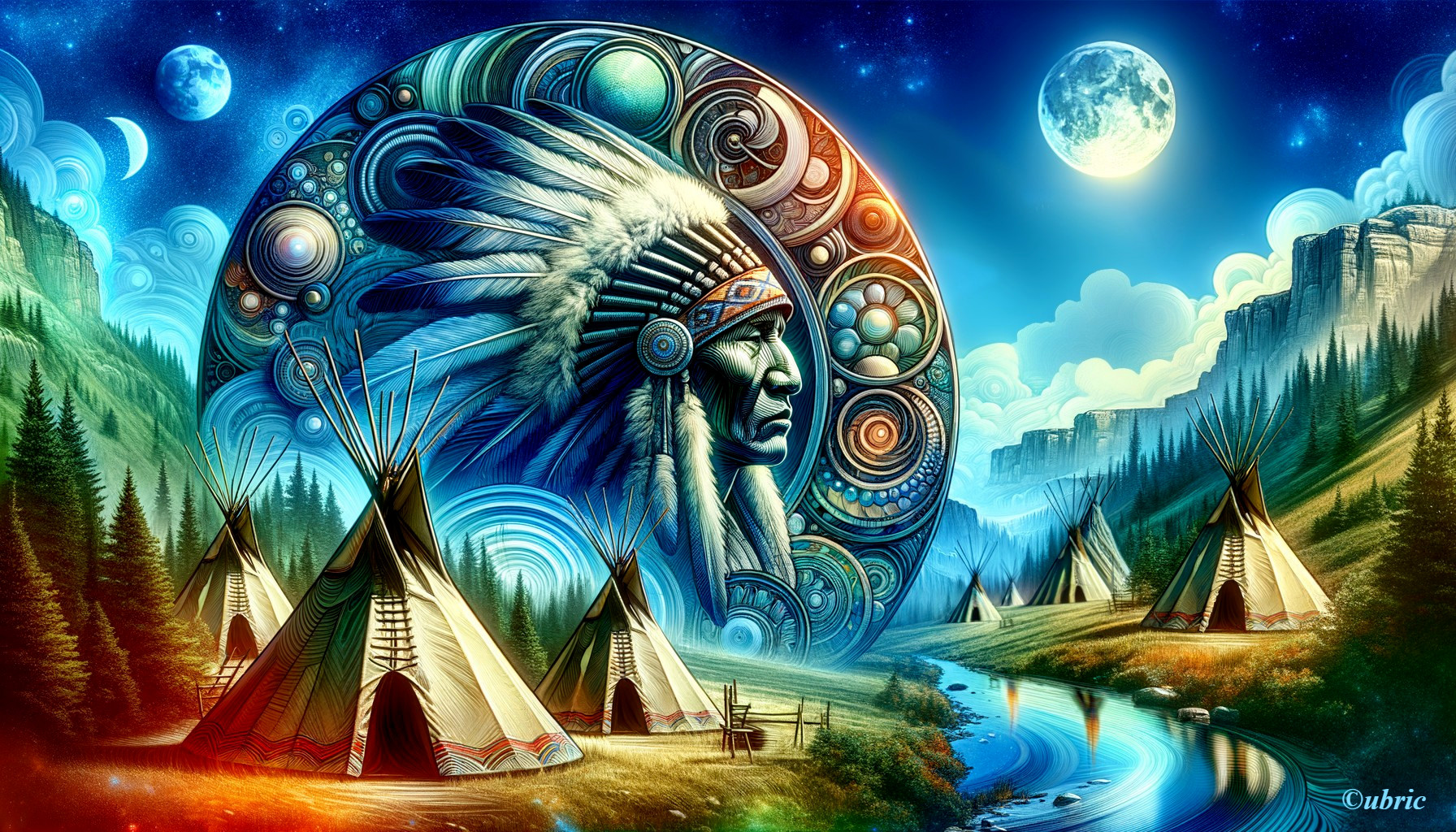 Surreal Landscape with Native American Teepees and Mural