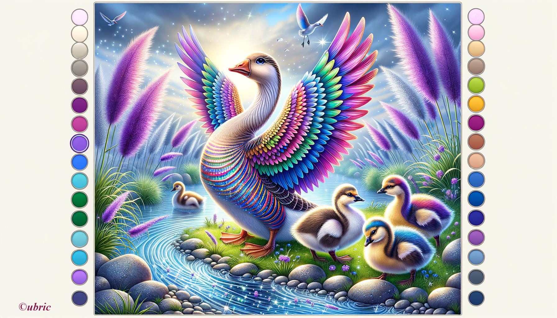 Surreal Scene of Colorful Goose and Playful Ducklings