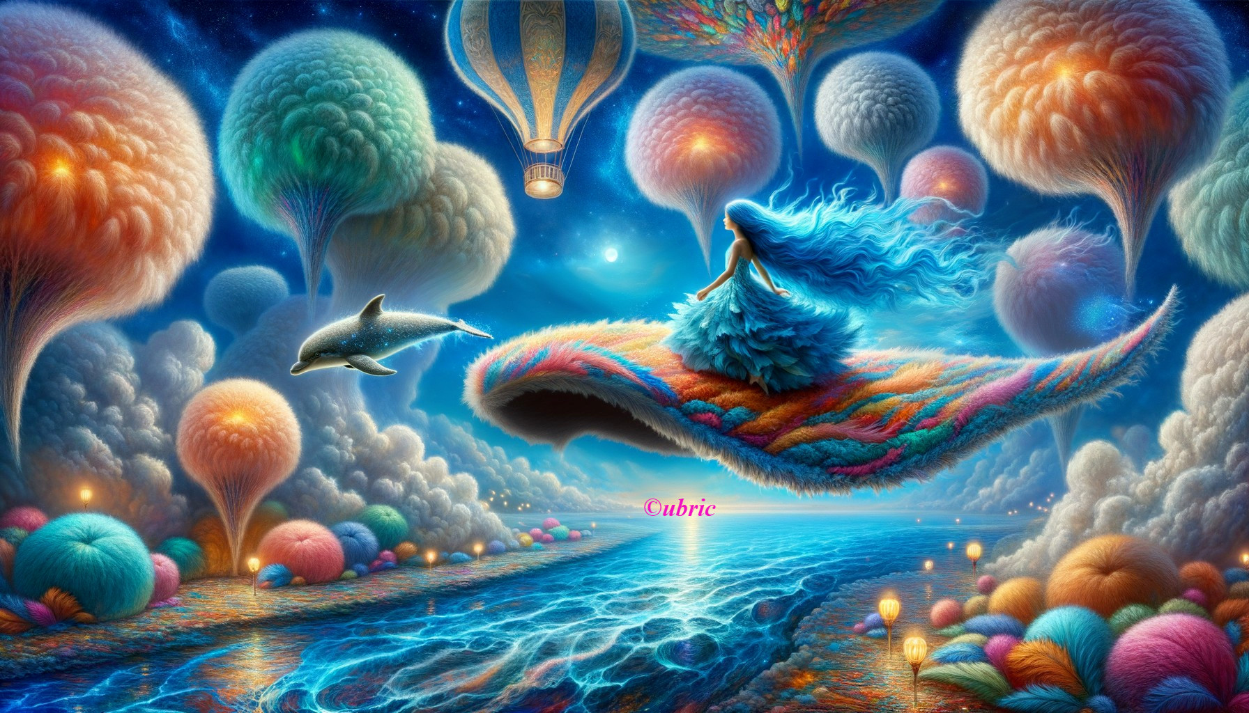 Dreamlike Scene of Figure on Carpet Over Ocean