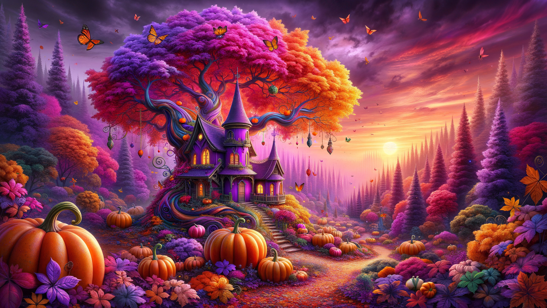 Whimsical Autumn Scene with Purple Tree and Enchanted House