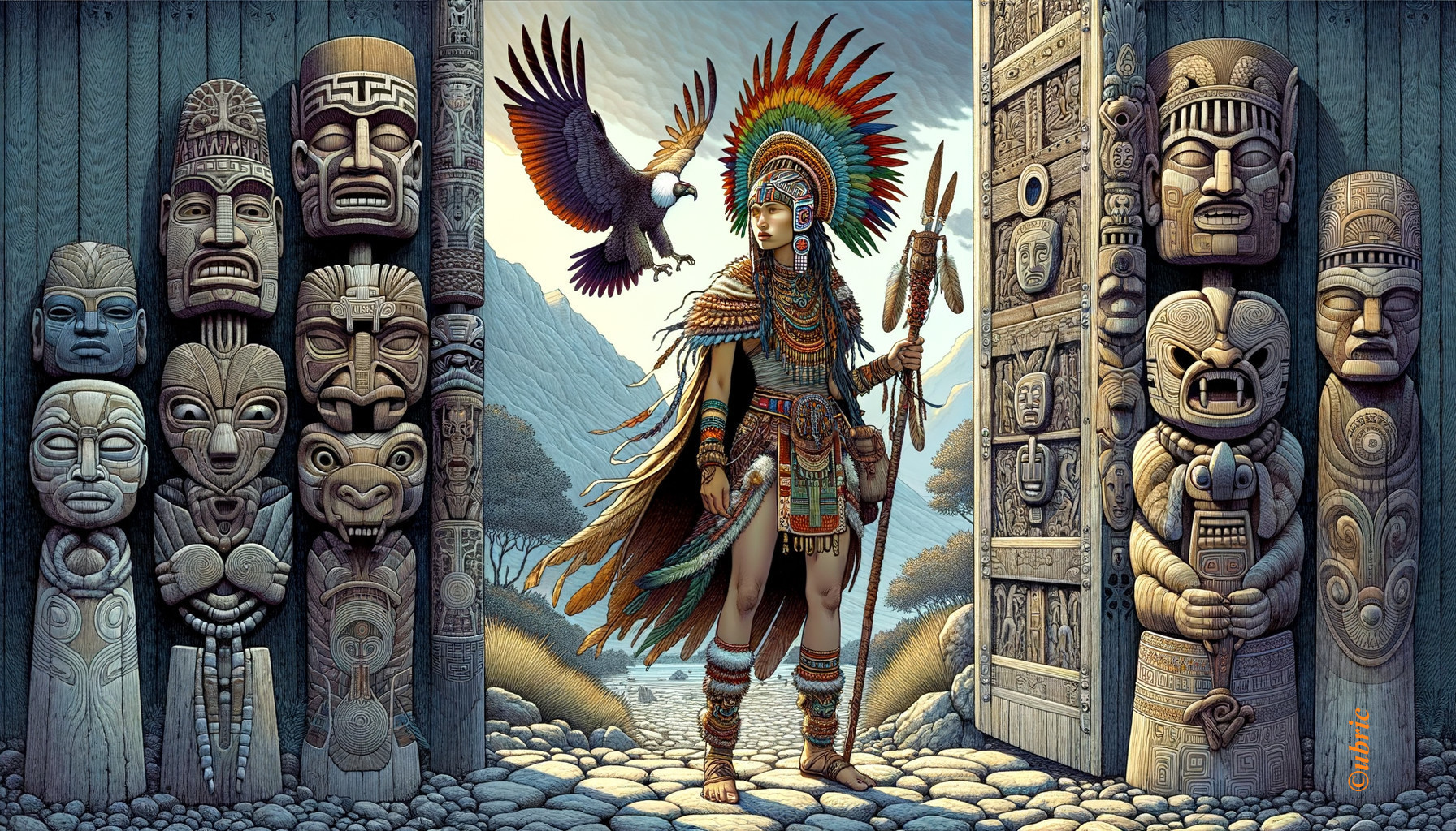 Majestic Warrior at Grand Doorway with Scenic Backdrop