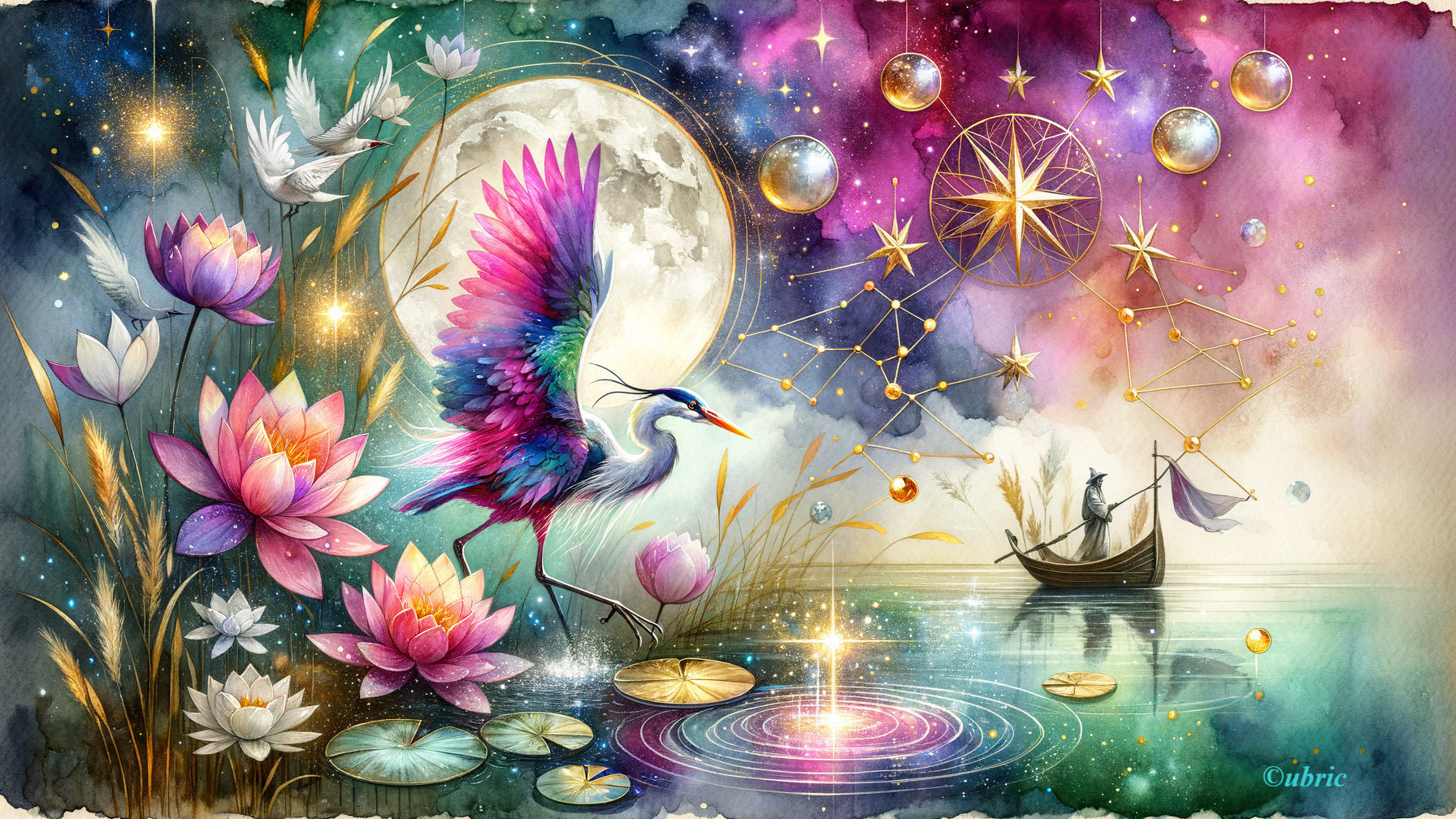 Vibrant Heron in Dreamlike Lotus Waterscape