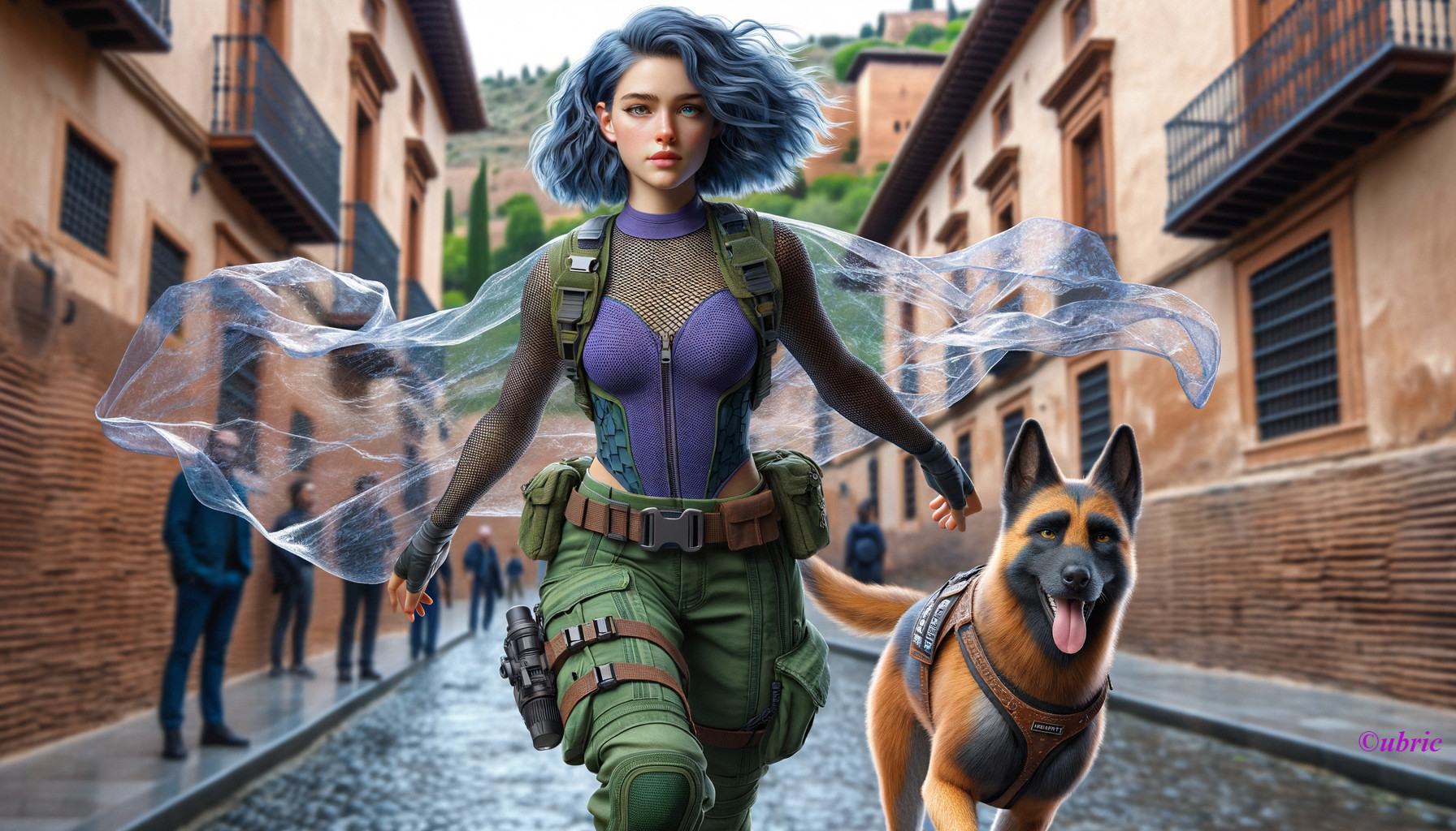 Confident Woman with Blue Hair Running with Dog
