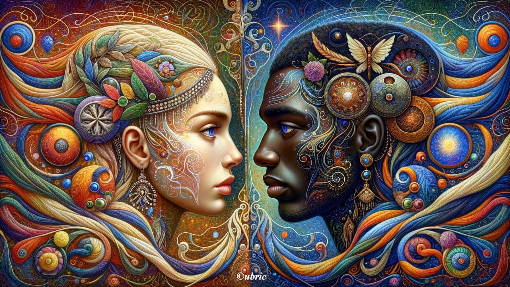 Vibrant Portrait of a Woman and Man with Patterns