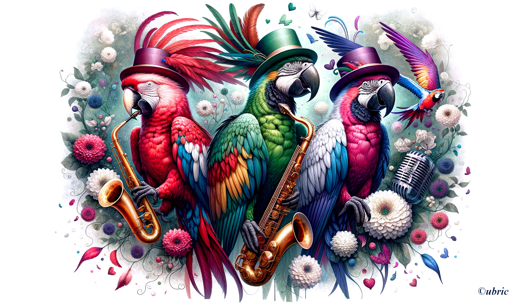 Whimsical Illustration of Parrots Playing Jazz Instruments