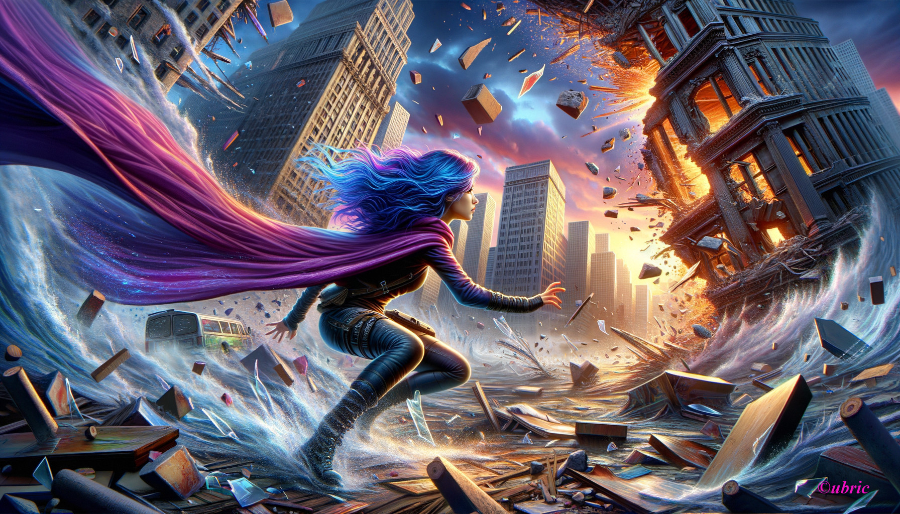 Dynamic urban scene with figure in blue hair and cape