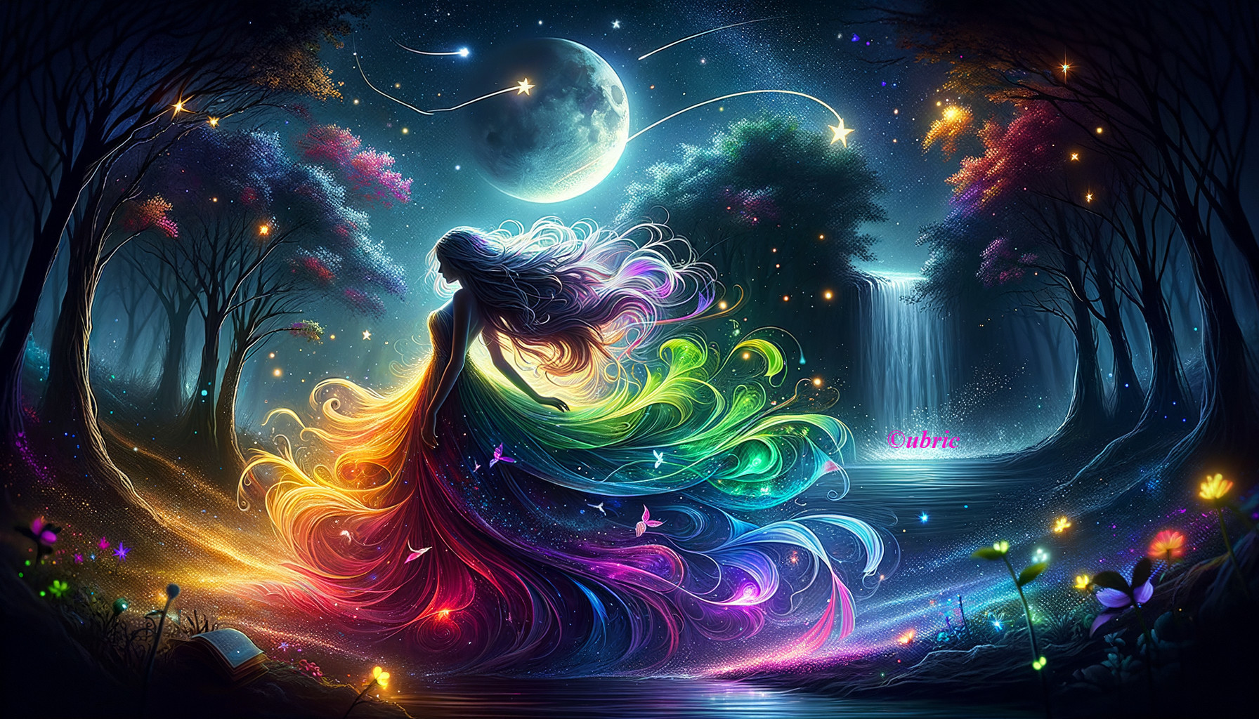 Mystical Forest Scene with Vibrant Dress and Moonlight