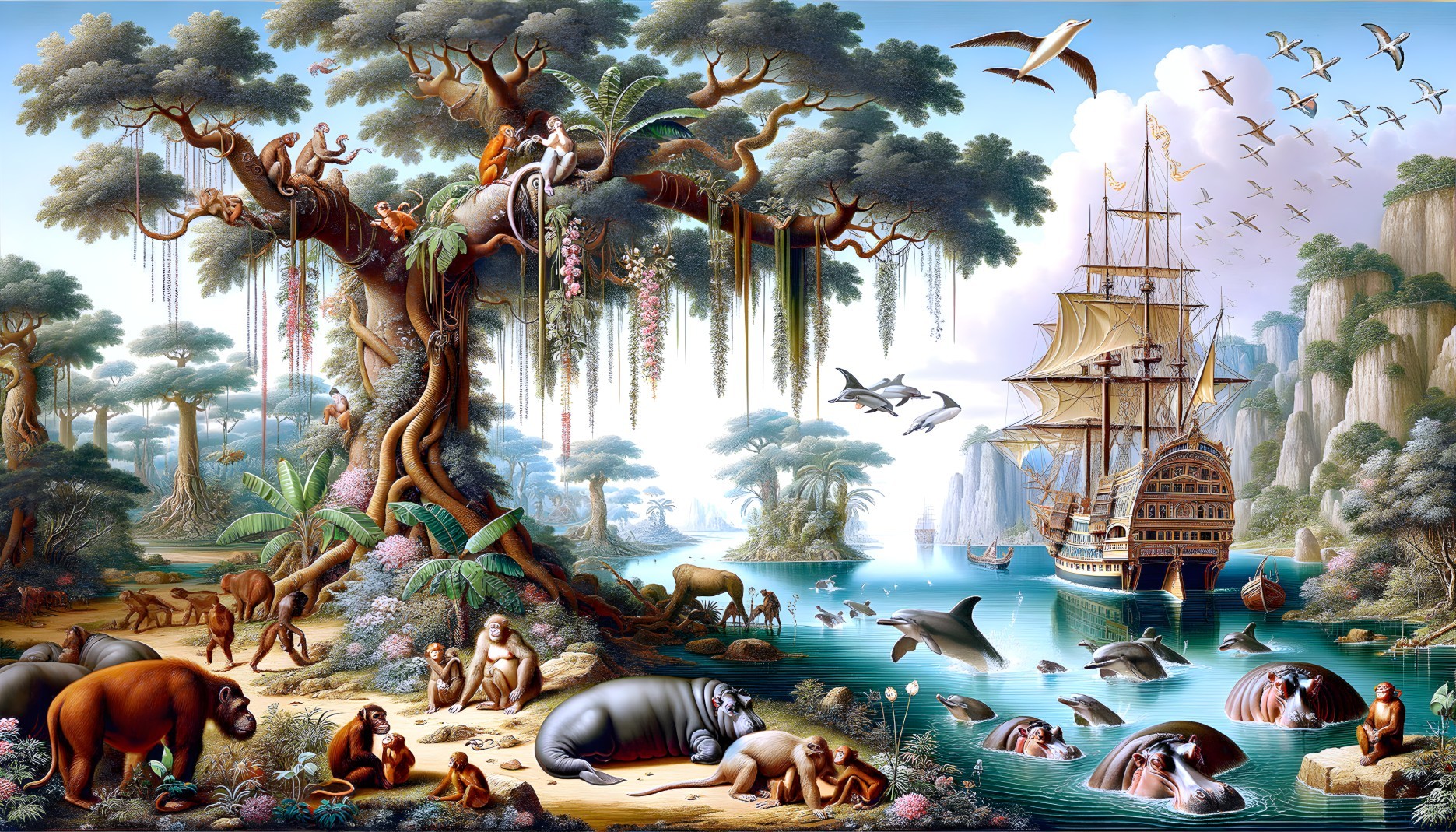 Colorful artwork: diverse ecosystem, sailing ship, animals, lush vegetation, clear sky, flying birds
