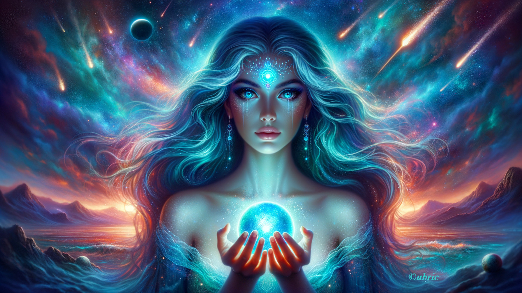 Mystical Woman with Luminous Hair in Cosmic Scene