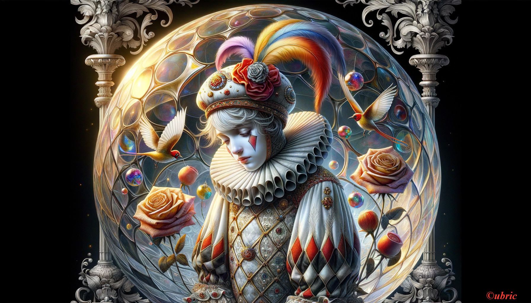 Whimsical Figure in Colorful Renaissance Attire