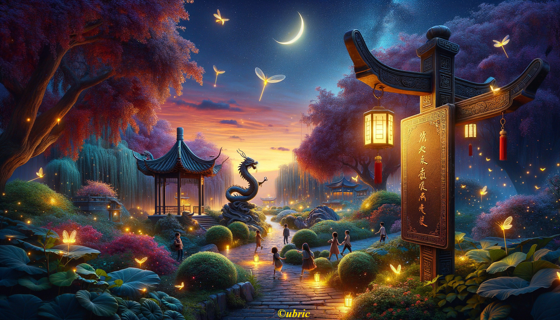 Twilight Garden with Lanterns and Dragon Statue