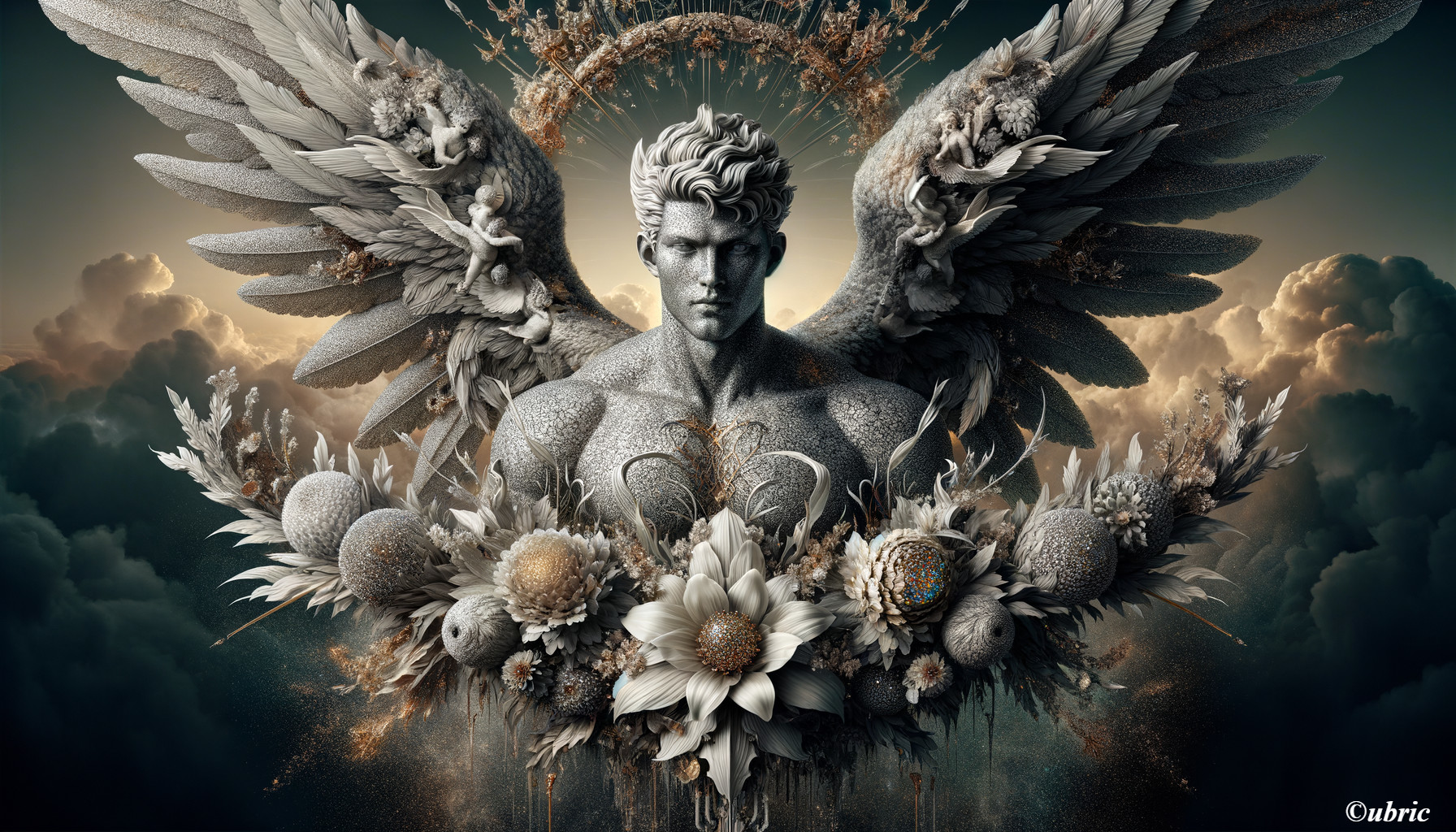 Majestic Winged Figure in Ethereal Cloud Setting