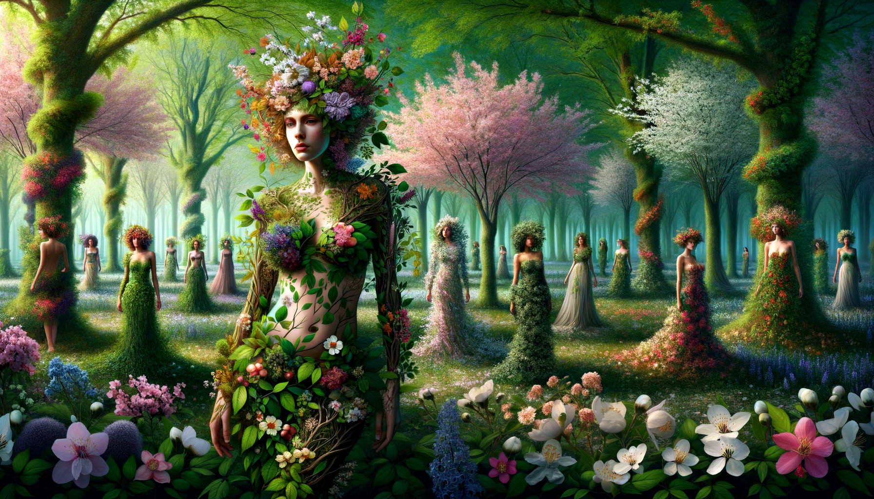 Vibrant Artwork of Female Figures in Enchanted Forest