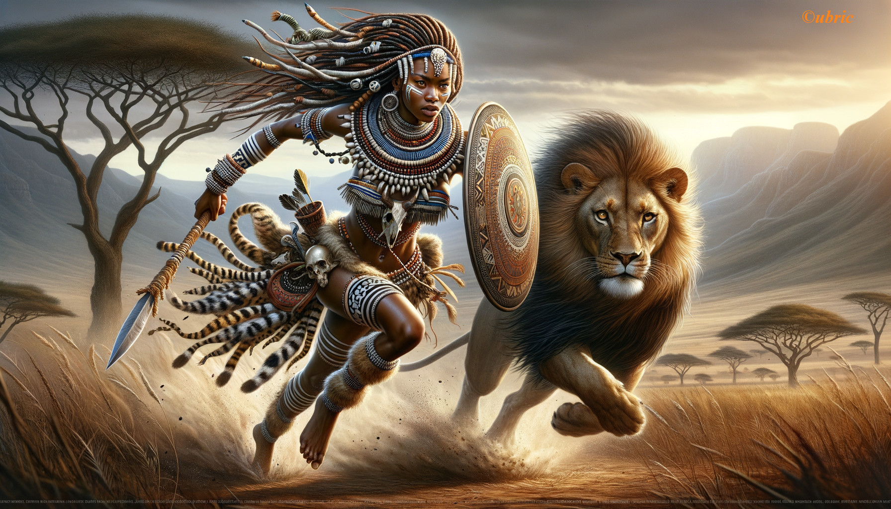 Fierce Warrior Woman and Lion in Savannah Landscape