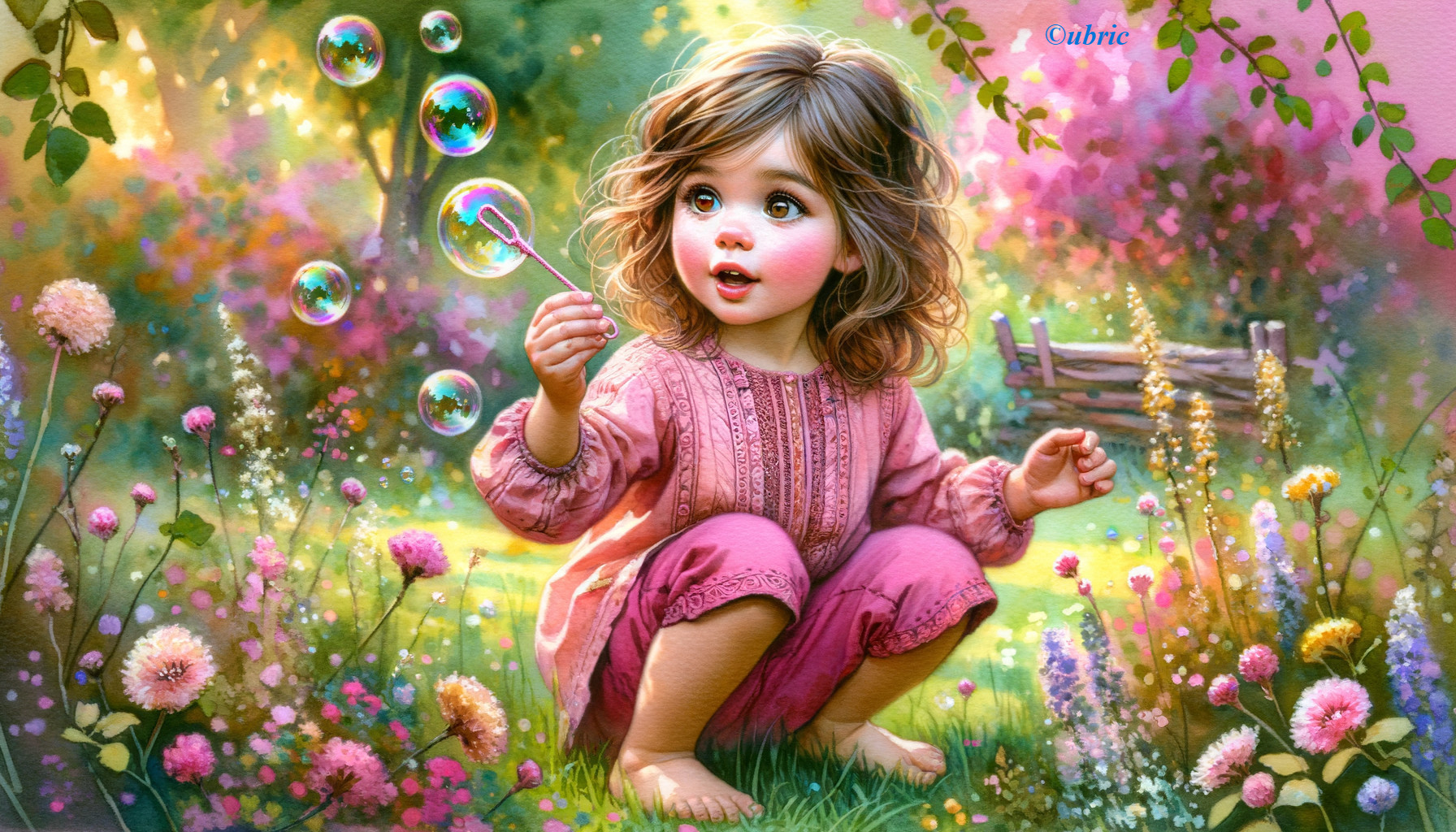Young girl in pink creates soap bubbles in garden