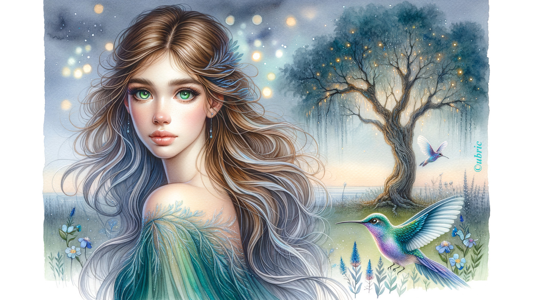 Young Woman in Ethereal Dress in Dreamy Landscape