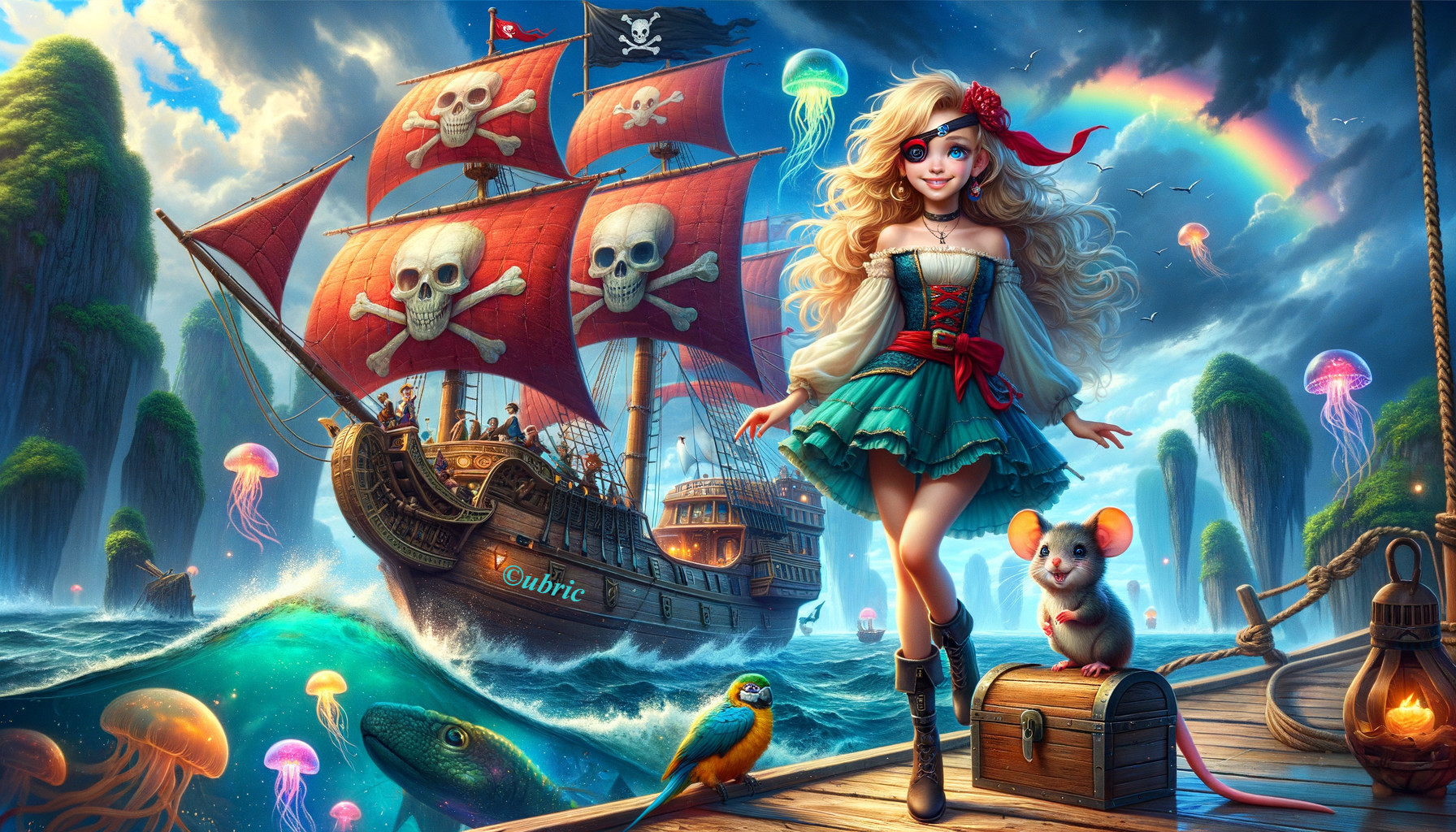 Whimsical Female Pirate on Dock with Colorful Scene
