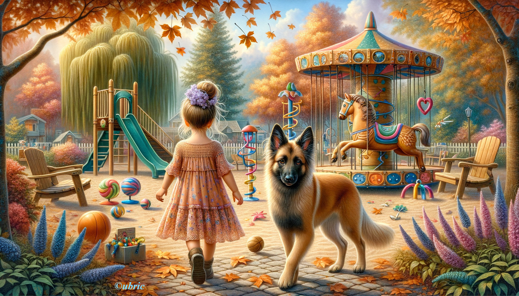 Young Girl in Floral Dress at Vibrant Playground