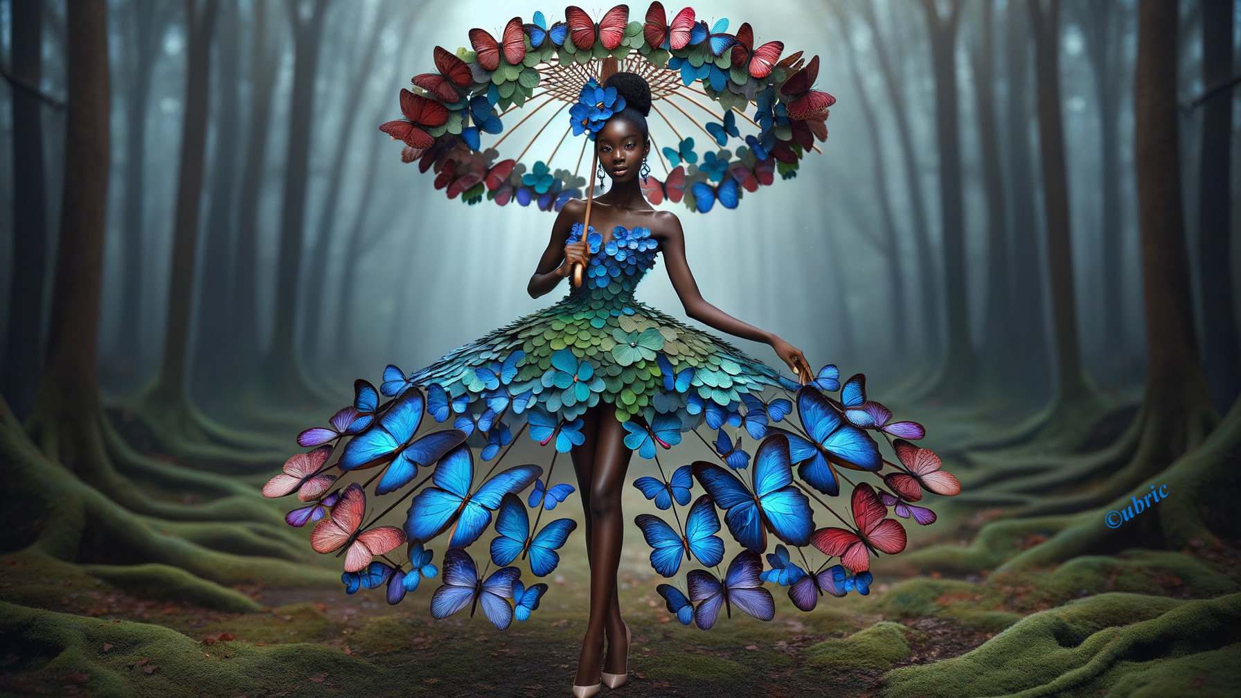 Graceful Figure in Butterfly Dress in Enchanted Forest