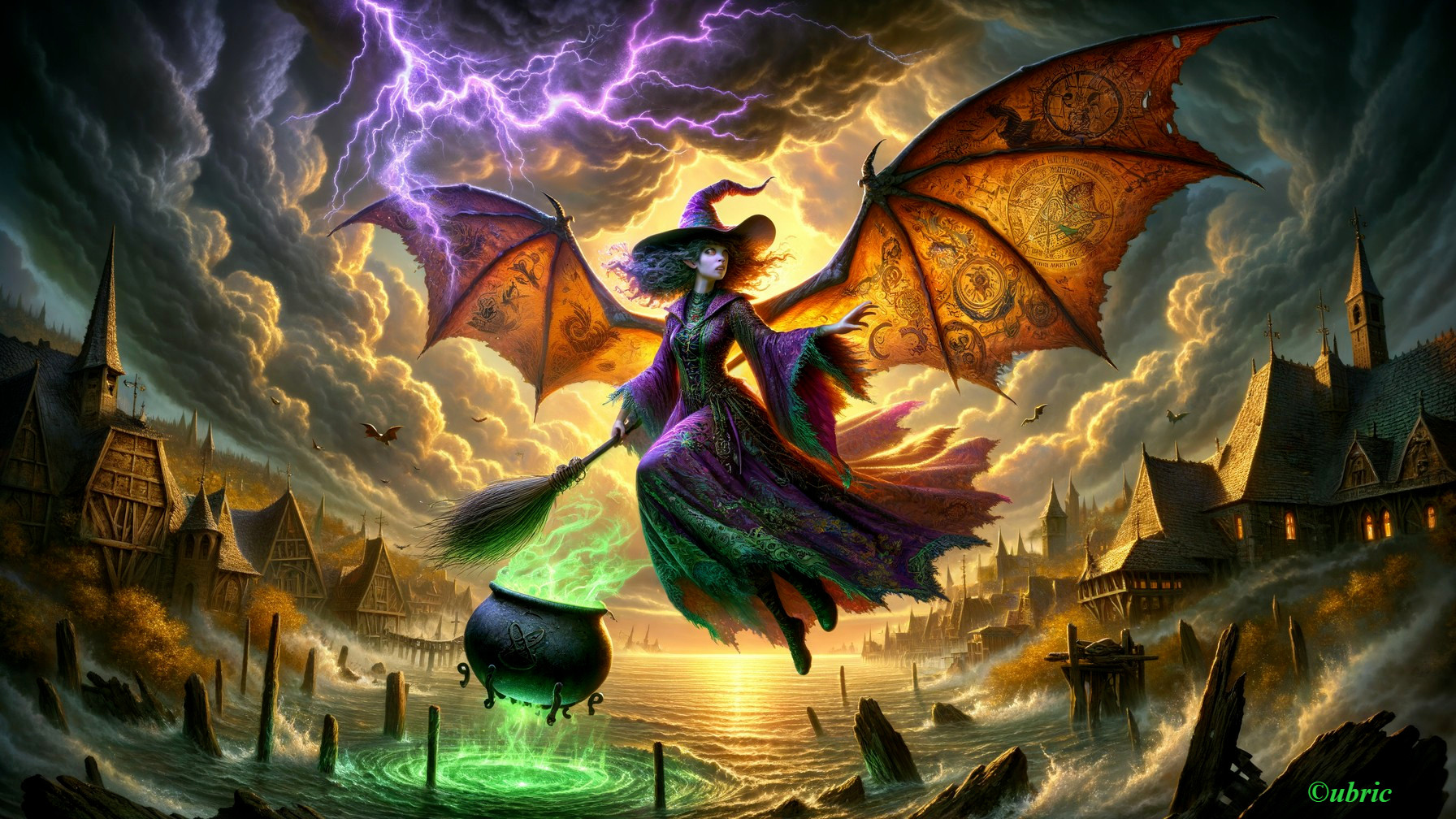 Mystical witch with wings in stormy sky and cauldron