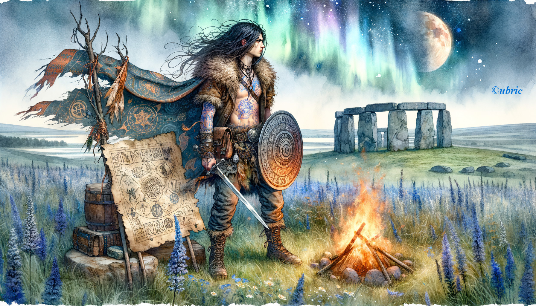 Majestic warrior in vibrant landscape with northern lights