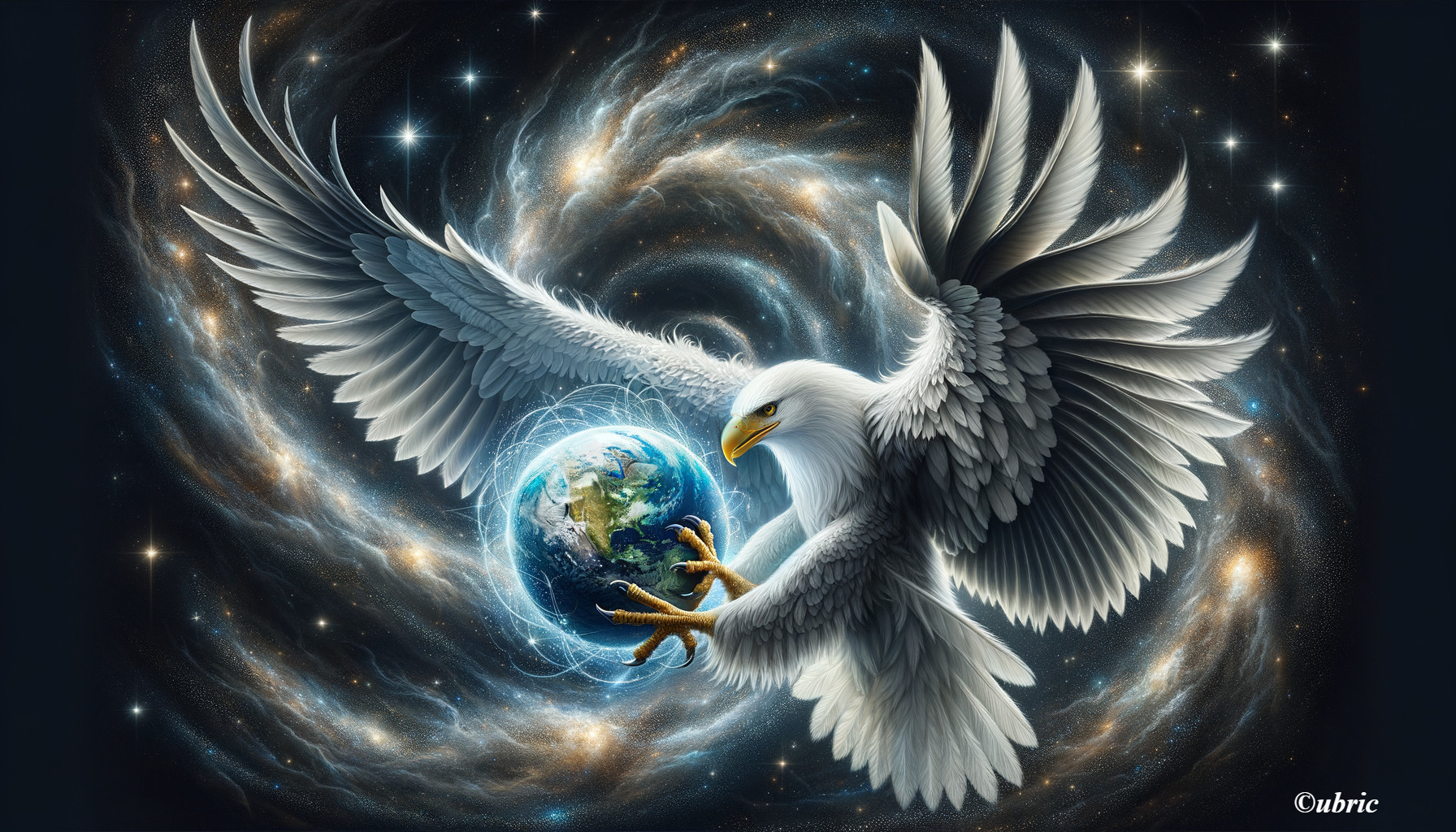 White Eagle Soaring in Cosmic Scene with Earth