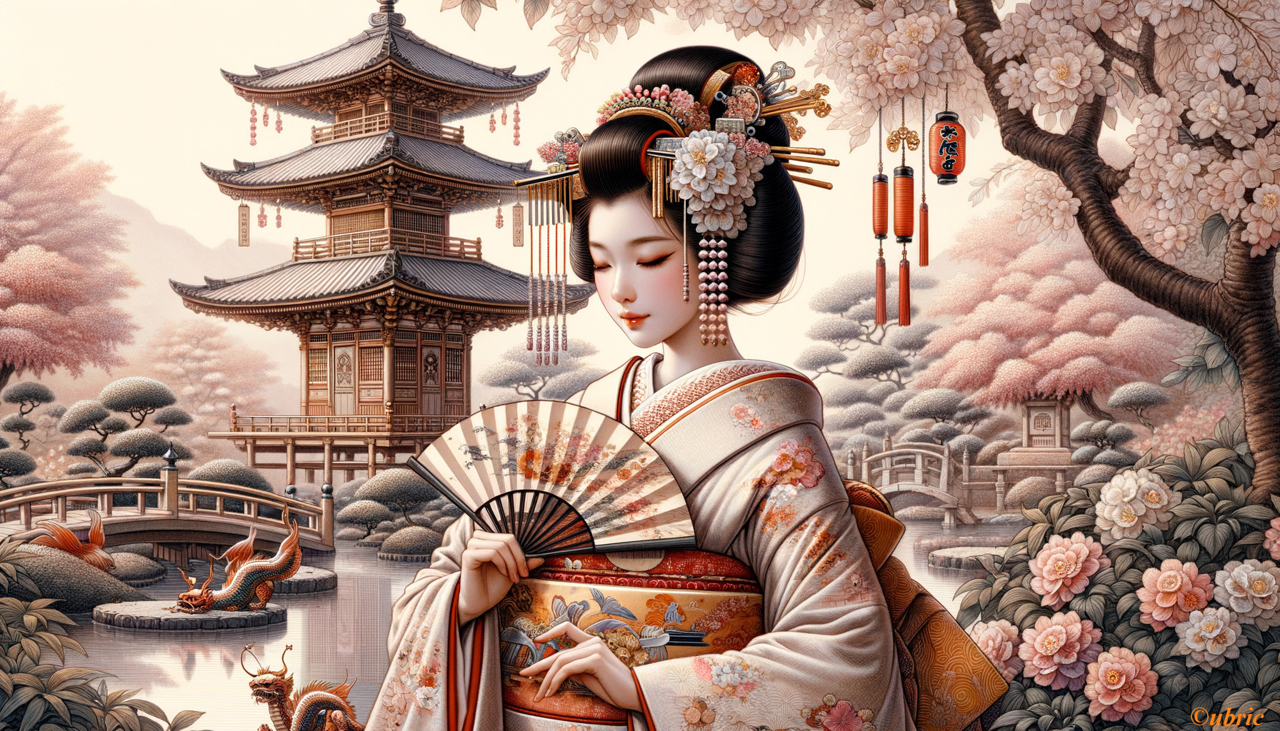 Graceful Woman in Kimono Amid Cherry Blossoms