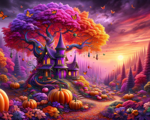 Whimsical Autumn Scene with Purple Tree and Enchanted House