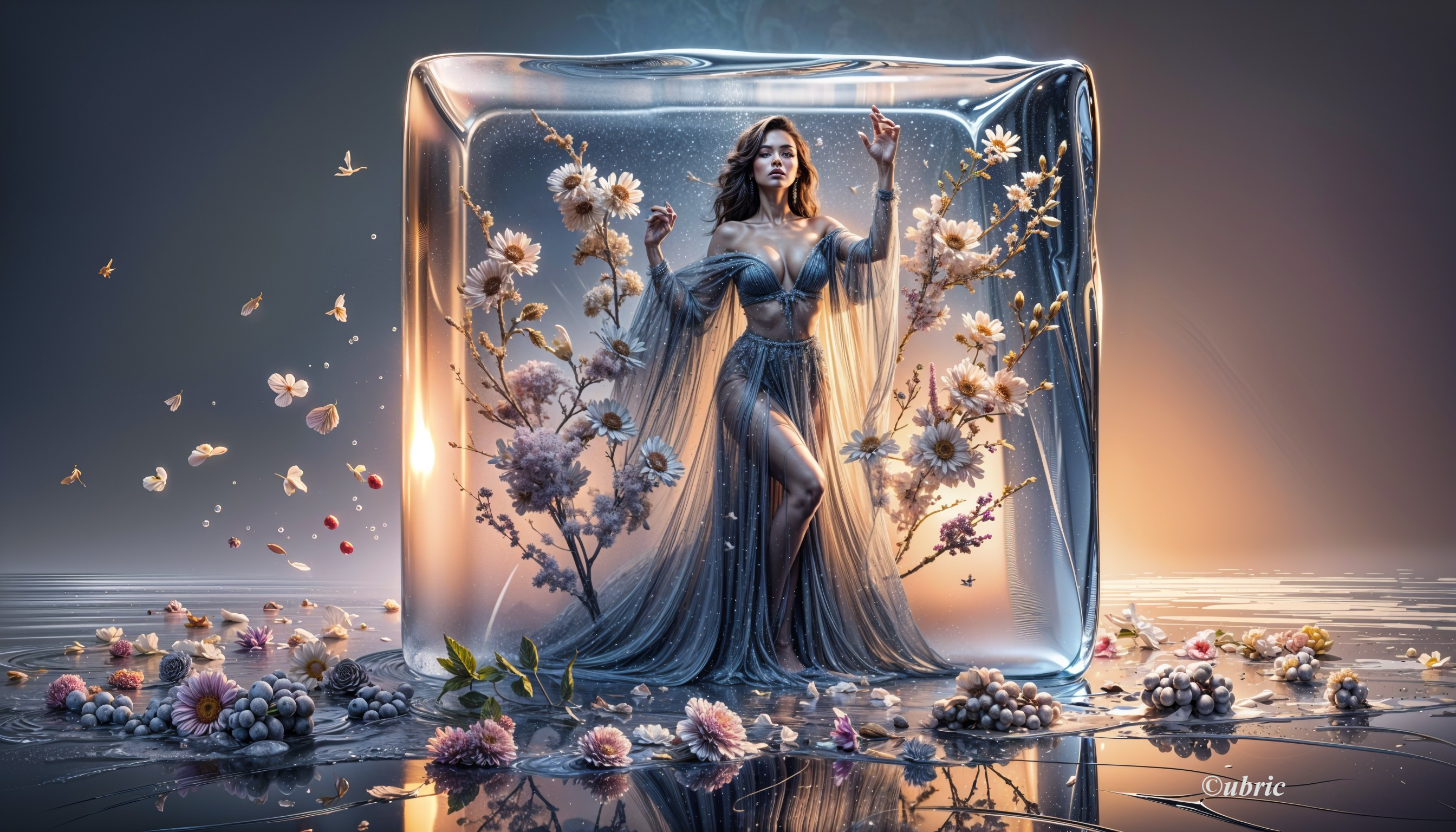 Graceful Figure in Translucent Ice Cube with Flowers