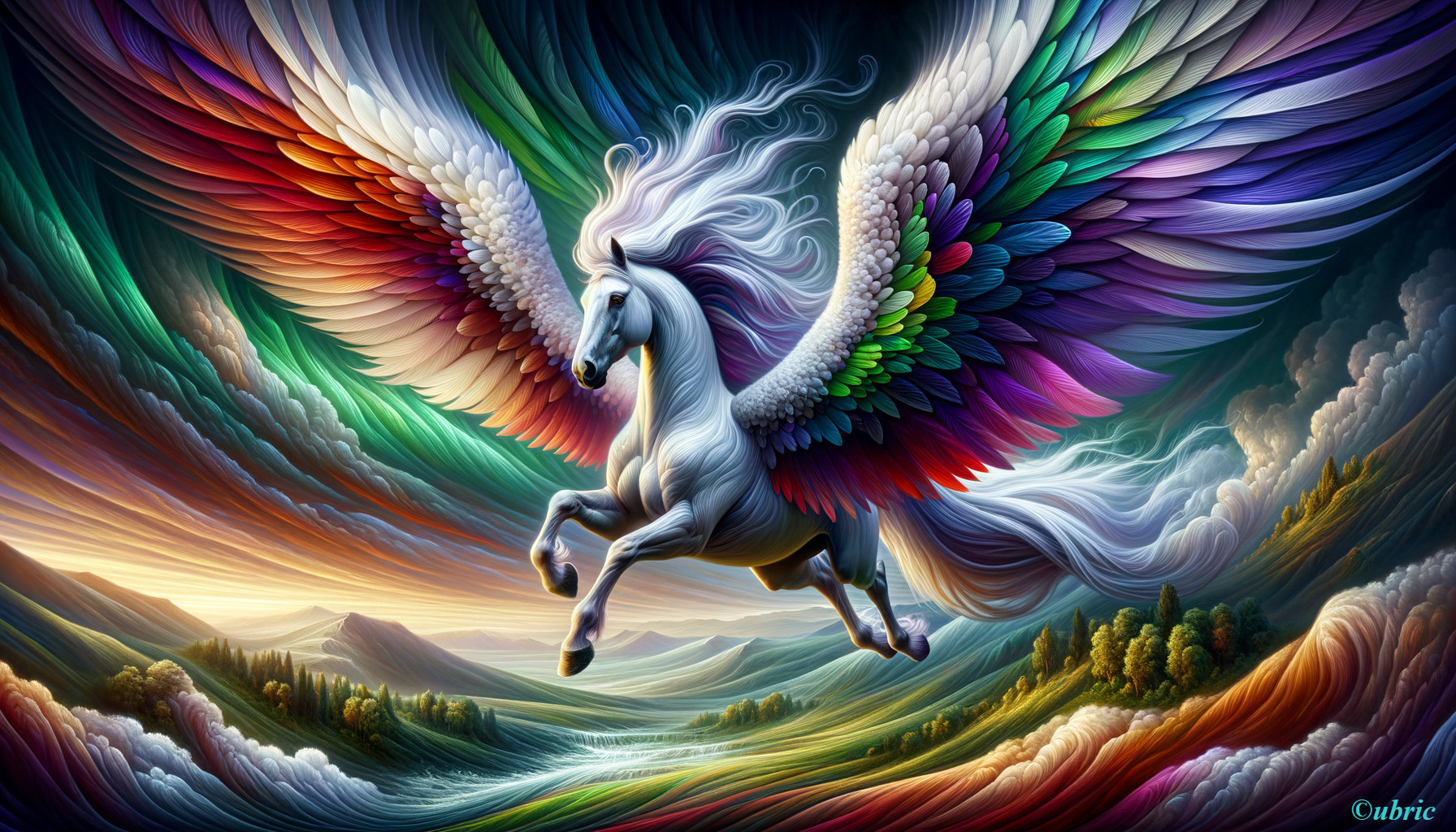 Majestic White Winged Horse in Vibrant Sunset Sky